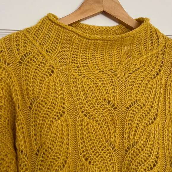 J Crew Pointelle Cable Knit Mock Neck Sweater in Mustard Yellow | Size Small - Picture 1 of 7
